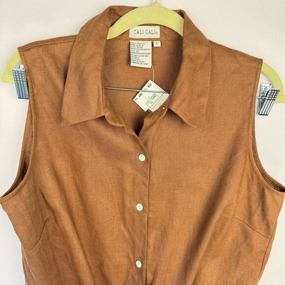 NWT Cali Cali Brown Sleeveless Collared Linen Front Tie Button Up Top Sz Large - Picture 3 of 8